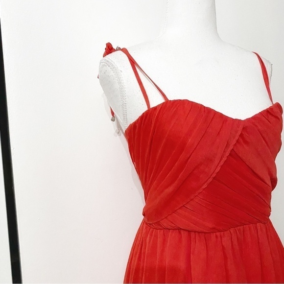 The KOOPLES CARDINAL RED SPAGHETTI STRAPS PLEATED FLOWY MINI CHIFFON DRESS - XS - Picture 4 of 10